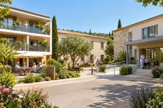 Three seniors' residences in a sunny southern French street: a modern residence services seniors with social seniors on a terrace, a quieter residence autonomie with elders in a courtyard, and an EHPAD with staff helping a resident in a wheelchair.