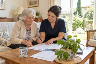 Femme âgée avec une soignante remplissant des documents ensemble dans un salon lumineux et accueillant.