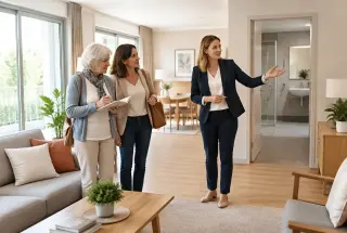 Une femme âgée visite un appartement de résidence seniors avec sa fille et une conseillère.